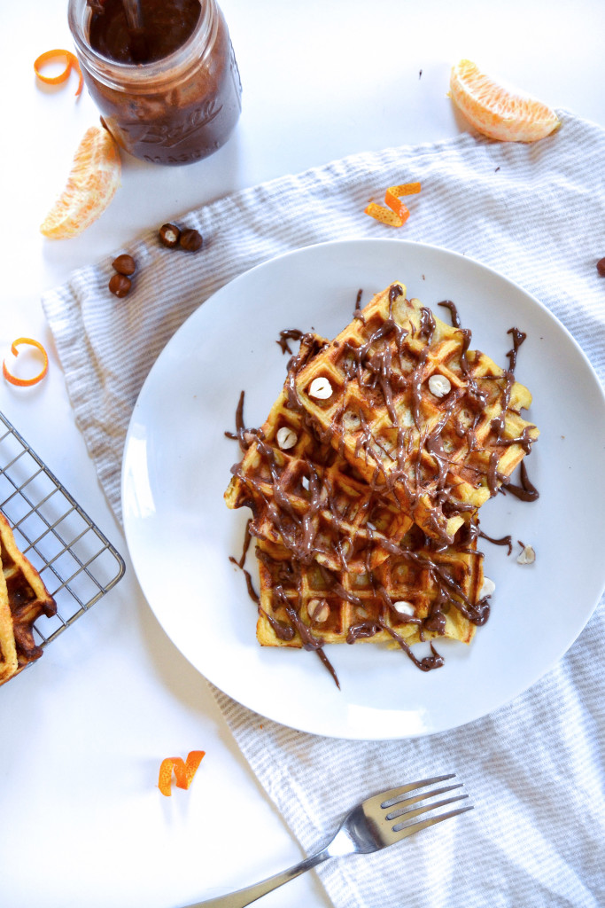 yeasted orange waffles and chocolate hazelnut spread