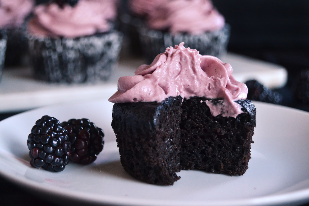 moist chocolate cupcake with blackberry buttercream