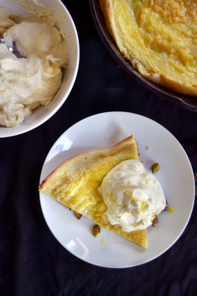 lemon dutch baby with pistachio whipped cream