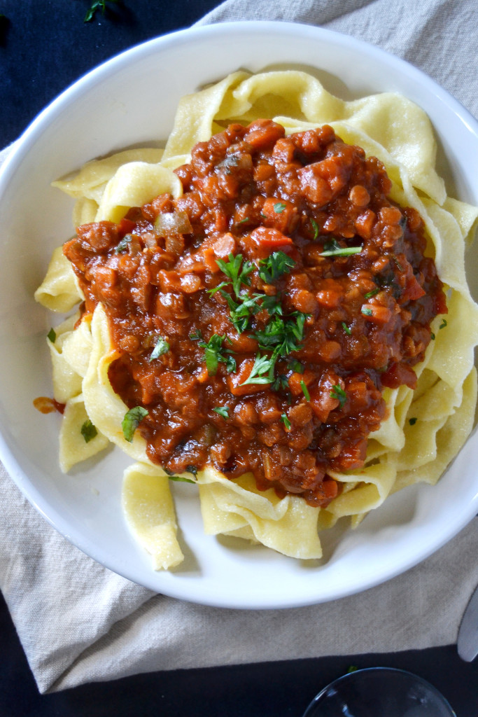 vegetable ragu on tagliatelle