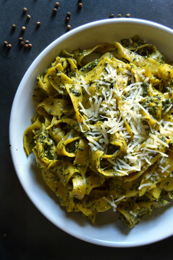 Carrot Pasta with Carrot Top Pesto