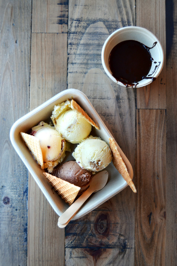 Honeycomb Creamery Cambridge Ice Cream Flight with Hot Fudge