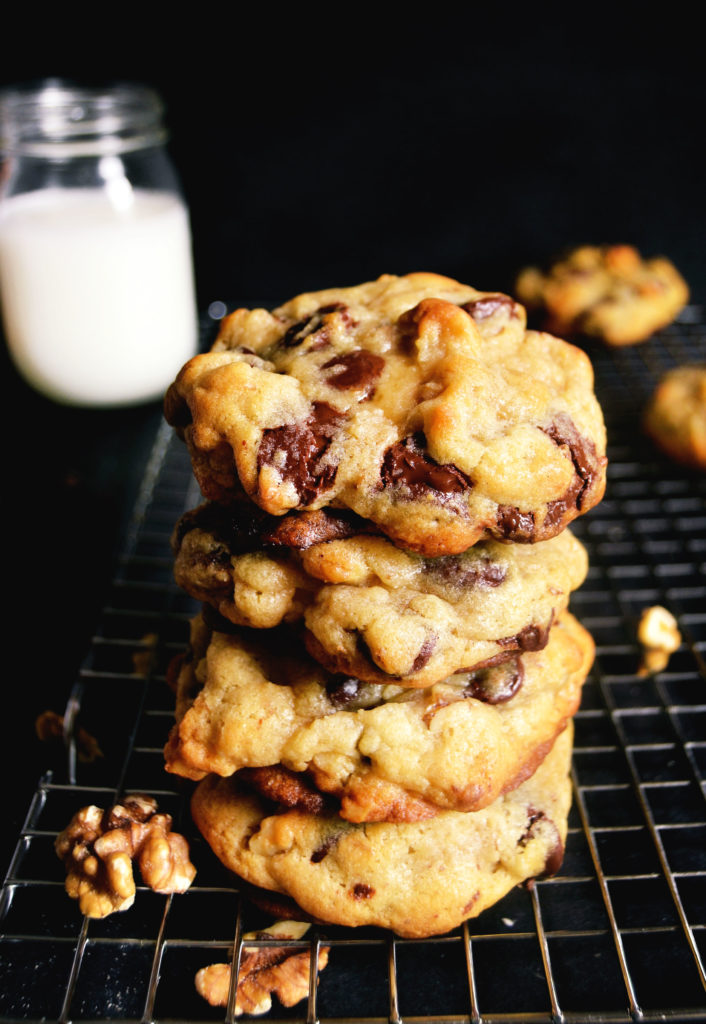 Thick chocolate chip walnut levain copycat cookies stacked