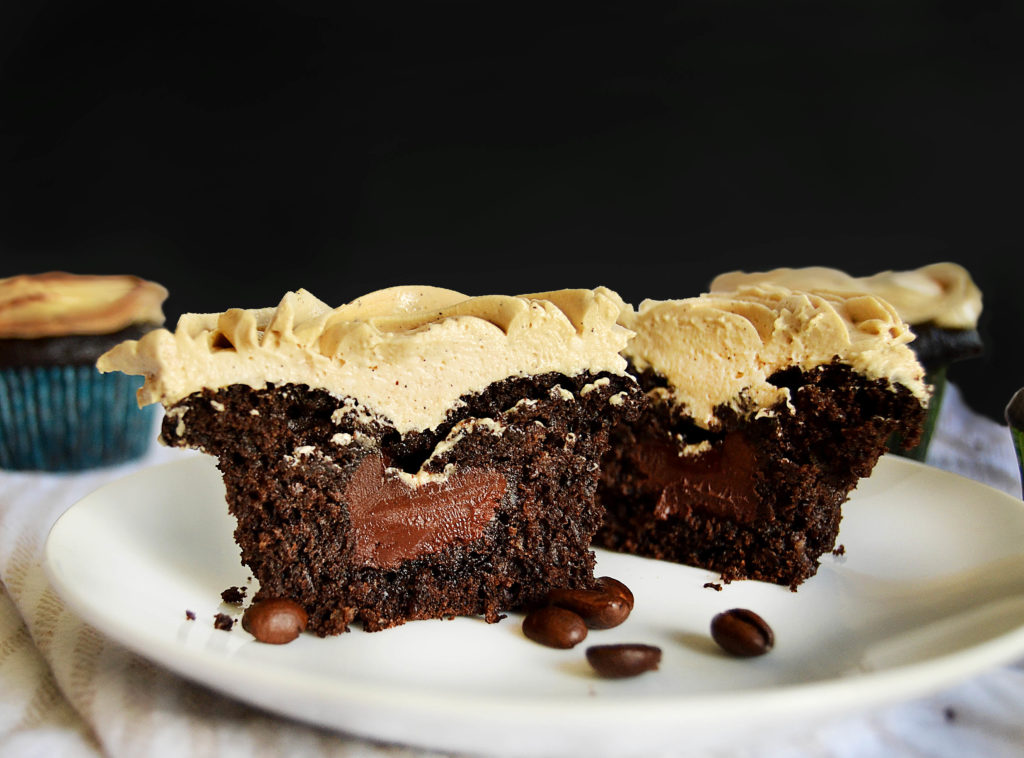 cross-section of chocolate filled mocha cupcakes